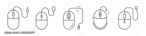 Wired computer mouse input device outline icon set