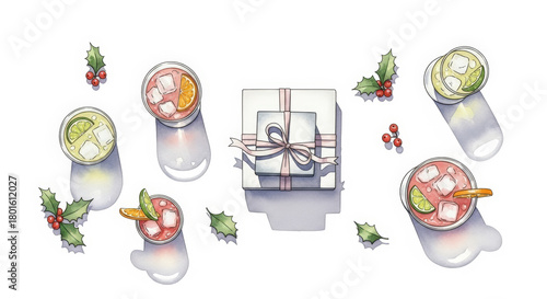 Festive holiday cocktail arrangement with drinks, lime, orange, gift box, and holly berries, artistic watercolor style.