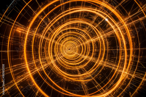 Radiating golden rings forming concentric light waves in a dark space. The glowing sci-fi styled image suggests data streams, cosmic energy, or futuristic communication systems.