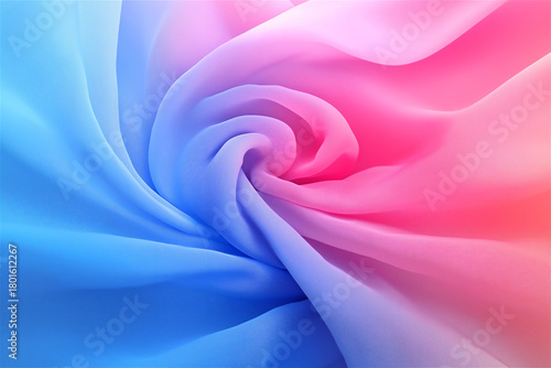 Soft abstract swirl in gradient tones of blue and pink resembling petals or fabric folds. Delicate dreamy background with clean copy space ideal for creative or beauty design.