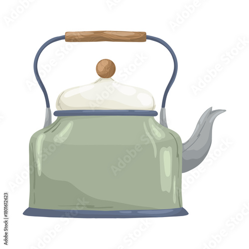 Classic enamel kettle with wooden handle. Hand-drawn vector illustration in a rustic watercolor style, isolated on white for menu, kitchen poster, and traditional home appliance design.