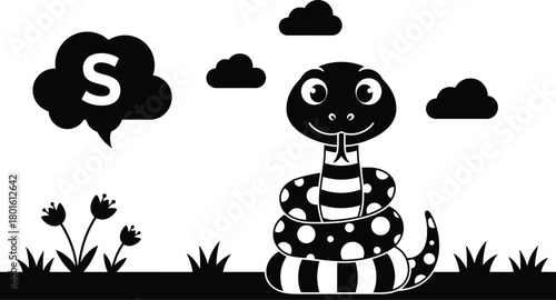 Black and white snake cartoon illustration vector graphics art editable vector