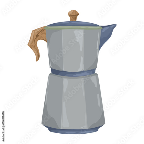 Vintage metal moka pot for coffee brewing. Hand-drawn vector illustration in a rustic watercolor sketch style, isolated for cafe menus, coffee shop decor, and morning routine graphics.