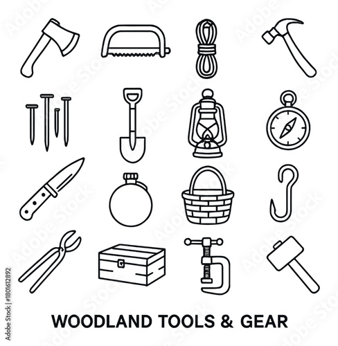Collection of woodland tools and gear icons on gray background