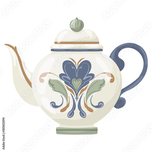 Vintage ceramic teapot with a detailed floral ornament. Hand-drawn vector illustration in a rustic watercolor style, isolated for tea party, cafe menu, and classic home kitchen decor.