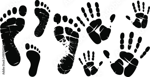 Black handprints and footprints silhouette set, grunge ink texture, baby feet and hands, isolated vector stamp shapes for design elements