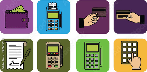 Payment methods vector set pos terminal credit cards wallet money editable vector