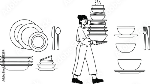 Woman carrying stack of dishes cleaning after dinner illustration editable vector