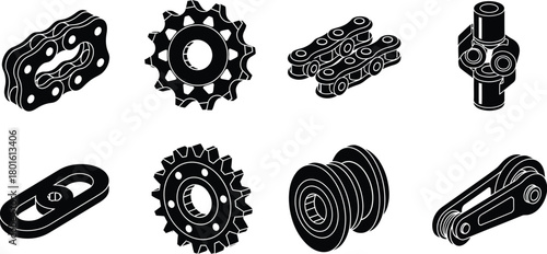 Isometric mechanical parts engineering components black and white editable vector