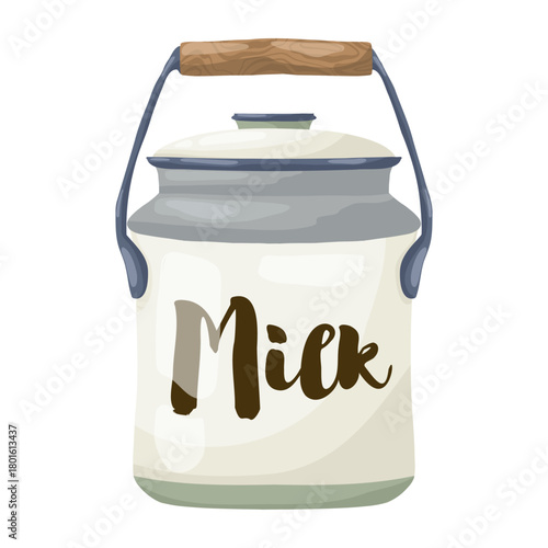 Vintage enamel milk can with wooden handle and "Milk" hand-lettering. Hand-drawn vector illustration in a rustic watercolor style, isolated for dairy labels, farm shop design