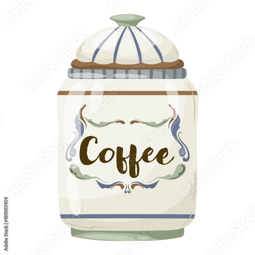 Ceramic tea storage jar with lid and vintage floral ornament. Hand-drawn vector illustration in a rustic watercolor style, isolated for pantry labels, tea room menus, and kitchen canister set desig