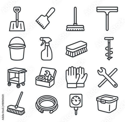 Collection of cleaning tools and equipment icons on dark background