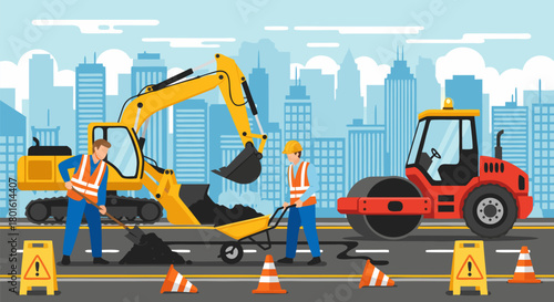 Flat vector illustration of a road construction site in the city with workers, excavator, and roller repairing the street pavement against a modern skyline. b