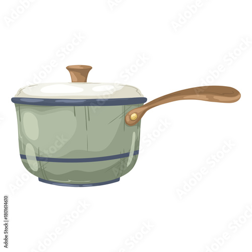 Rustic, worn enamel saucepan with a lid and long wooden handle. Hand-drawn vector illustration in a vintage watercolor style, isolated for small batch cooking, milk warming