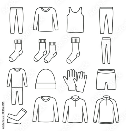 Outline of various clothing items including shirts, pants, socks, and accessories on gray background