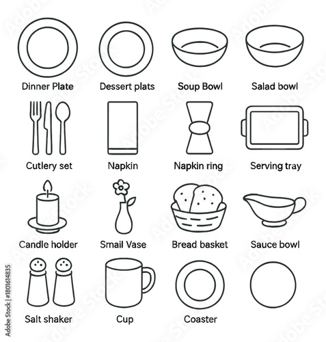 Dining set collection: plates, bowls, cutlery, napkin, tray, candle, vase