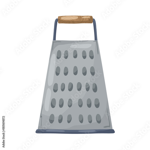 Isolated metal box grater with a wooden handle. Hand-drawn vector illustration in a rustic watercolor style, essential for cheese, vegetables, and traditional kitchen utensil graphics.
