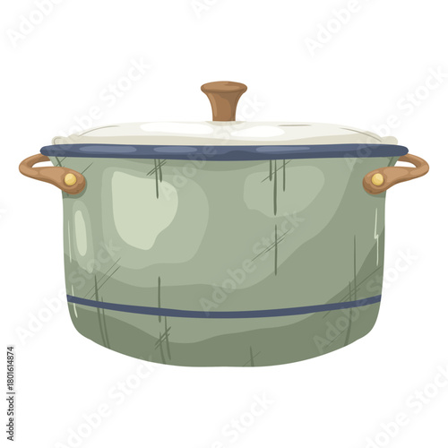 Rustic, worn enamel saucepan with a lid and long wooden handle. Hand-drawn vector illustration in a vintage watercolor style, isolated for small batch cooking, milk warming