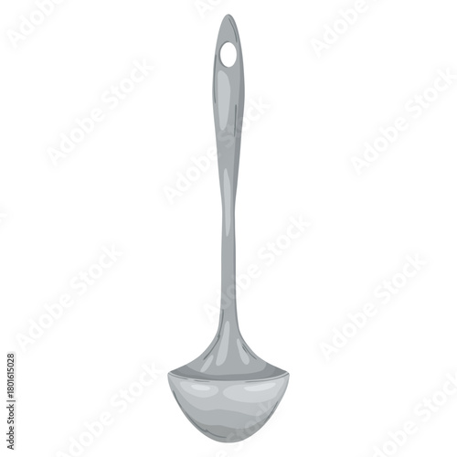 Isolated metal ladle (serving spoon) with a long handle. Hand-drawn vector illustration in a rustic watercolor style, essential for soup, sauces, and traditional kitchen utensil graphics.