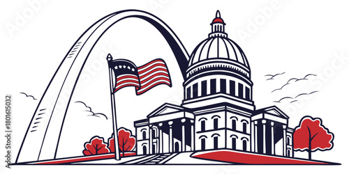 Illustration of American Capitol building with flag and arch  