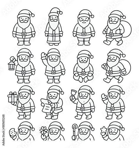 Cute santa claus cartoon icons set in festive outfits and poses