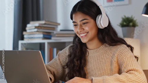 3230155 425 hispanic teen girl latin young woman school college student wear headphones learn watching online webinar webcast class looking at laptop elearning distance course or video call 97496555 1