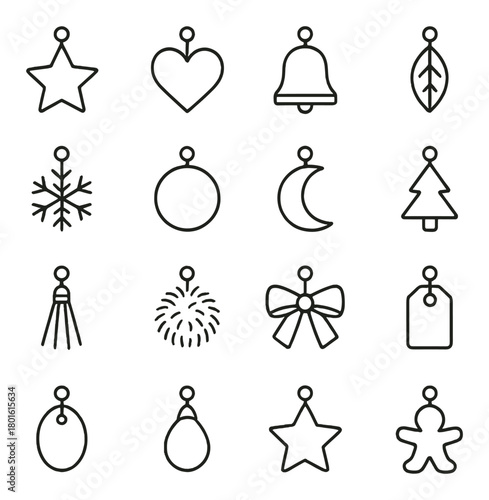 Minimalist christmas ornament icons: star, heart, bell, tree, and more