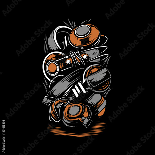 Illustration of headphones, microphone, and other audio equipment in orange and gray on a black background.