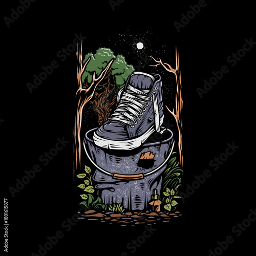 A single worn sneaker rests inside a weathered bucket, set against a backdrop of a dark forest at night with a full moon.