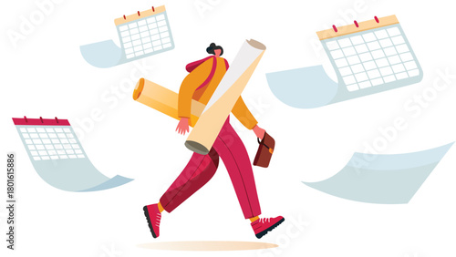 Creative designer overwhelmed by numerous calendars and deadlines symbolizing busy work schedule and time management challenges