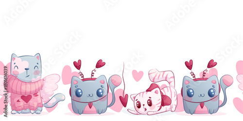 Seamless frame with cute cats on a white background. The concept of lovers, Valentine's Day. Cute characters. Vector illustration for postcards, posters, banners
