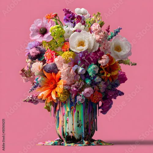 Artistic Close‑Up of a Quirky Ceramic Vase Overflowing with Melting Flowers and Vivid Drips for Creative Decorative Imagery bouquet of flowers in vase