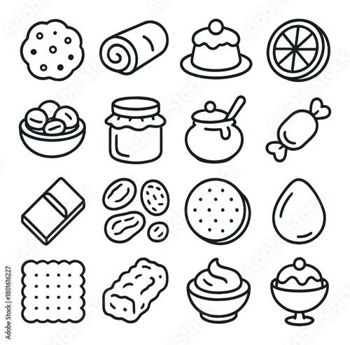 Collection of various dessert and candy icons on gray background
