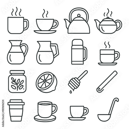 Coffee and tea icon set featuring cups, kettles, and accessories on brown background
