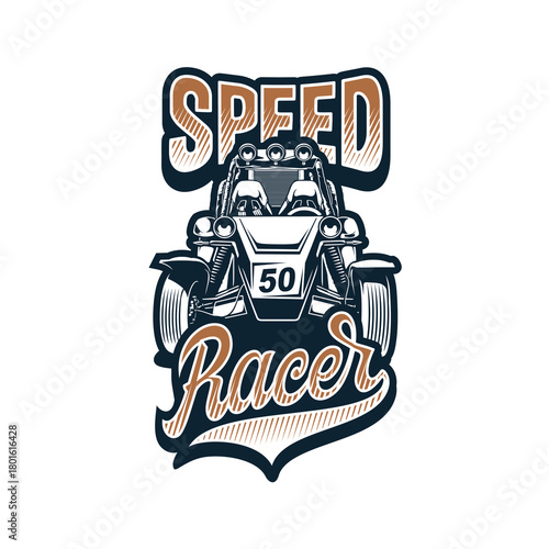 Illustration of a speed racer buggy with "Speed Racer" text, featuring two drivers and the number 50.