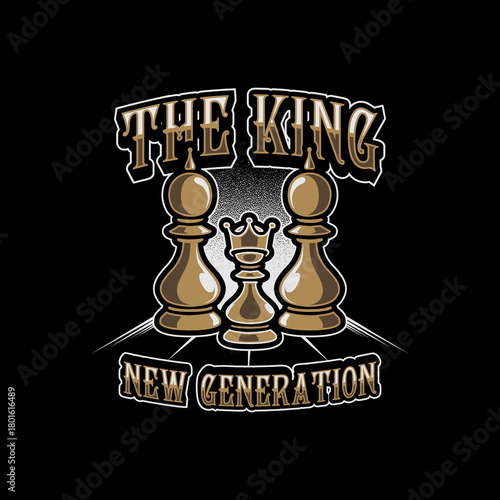The King New Generation chess pieces illustration with a crown and two pawns on a black background.