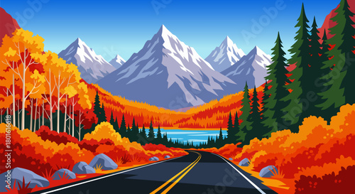 Vibrant pixel art autumn landscape a winding road leads through a colorful fall forest towards majestic snow-capped mountains and a tranquil lake