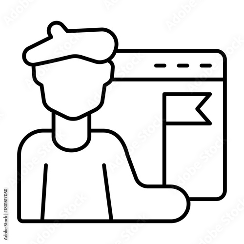 Artist man with flag and website window thin line icon, art portfolio concept. Vector graphics. Famous person public, website sign on white background, style icon mobile or web design.
