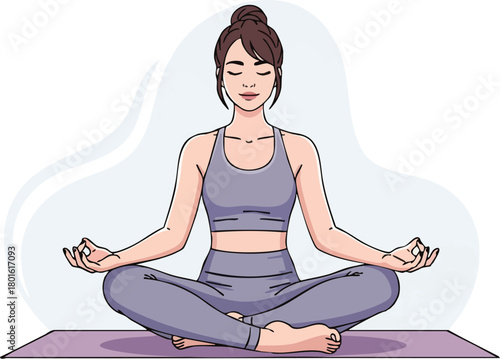 A serene woman in yoga attire meditates in lotus position on a purple mat with a subtle light blue background, conveying a peaceful and mindful mood.