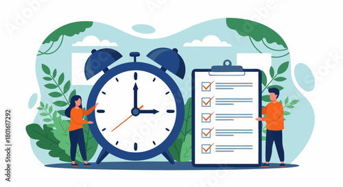 Flat vector illustration showing a man and woman managing tasks on a clipboard next to a large alarm clock, symbolizing deadline and productivity e