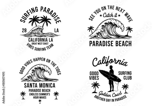 set of vintage retro labels surfing paradise, wave, coconut trees, surfer flat design.