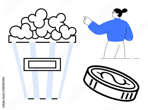 Large popcorn box, person gesturing with focus on decision-making, and coin illustration. Ideal for entertainment, leisure, finance, consumer choice, spending, decision-making simple flat metaphor