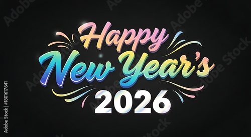 Vibrant and festive happy new year 2026 text with colorful gradient lettering and sparkling celebratory fireworks against a dark background