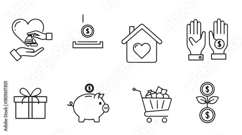 Collection of simple line art icons representing charity donation and financial growth silhouette