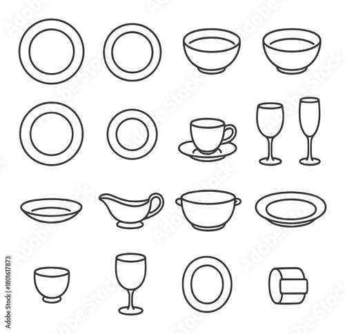 Hand-drawn dinnerware icons set featuring plates, bowls, cups, and glasses