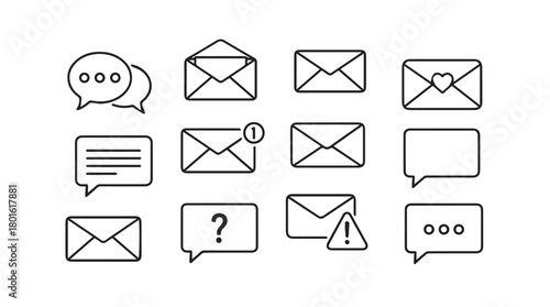 Collection of hand drawn communication icons including envelopes messages and speech bubbles silhouette