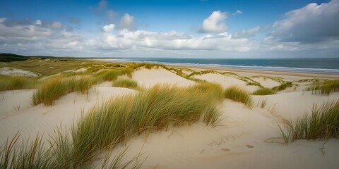 Stickers Plage et Mer Sandy dunes with tall green grass leading to a calm blue ocean under a cloudy sky sand dunes coastal landscape  © Life Is Art
