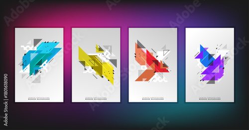 Abstract geometric composition forms modern background with decorative triangles and patterns backdrop vector illustration set