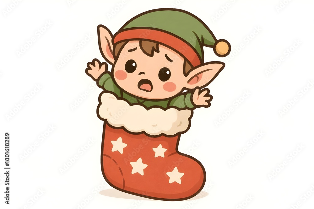 Fototapeta premium Adorable surprised Christmas elf popping out of a red starry stocking with fluffy cuff sweet cartoon mascot isolated on white, ideal for holiday cards, kids themes, and festive branding.