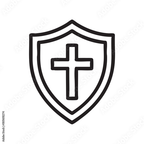 Free Download A simple black and white line drawing depicts a shield featuring a prominent christian cross symbol within - GFXLoad